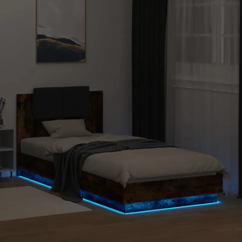 Lovos rėmas su galvūgaliu ir LED lemputėmis, dūminis, 90x200cm