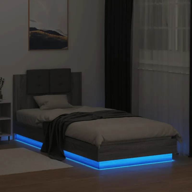 Lovos rėmas su galvūgaliu ir LED lemputėmis, pilkas, 90x200cm