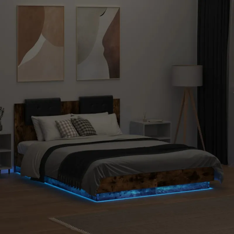 Lovos rėmas su galvūgaliu ir LED, dūminio ąžuolo, 120x190cm