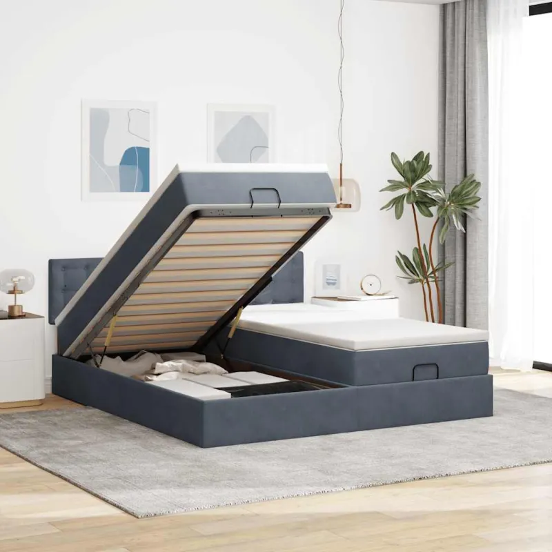 Osmanų lovos rėmas su čiužiniais, pilkas, 180x200cm, aksomas
