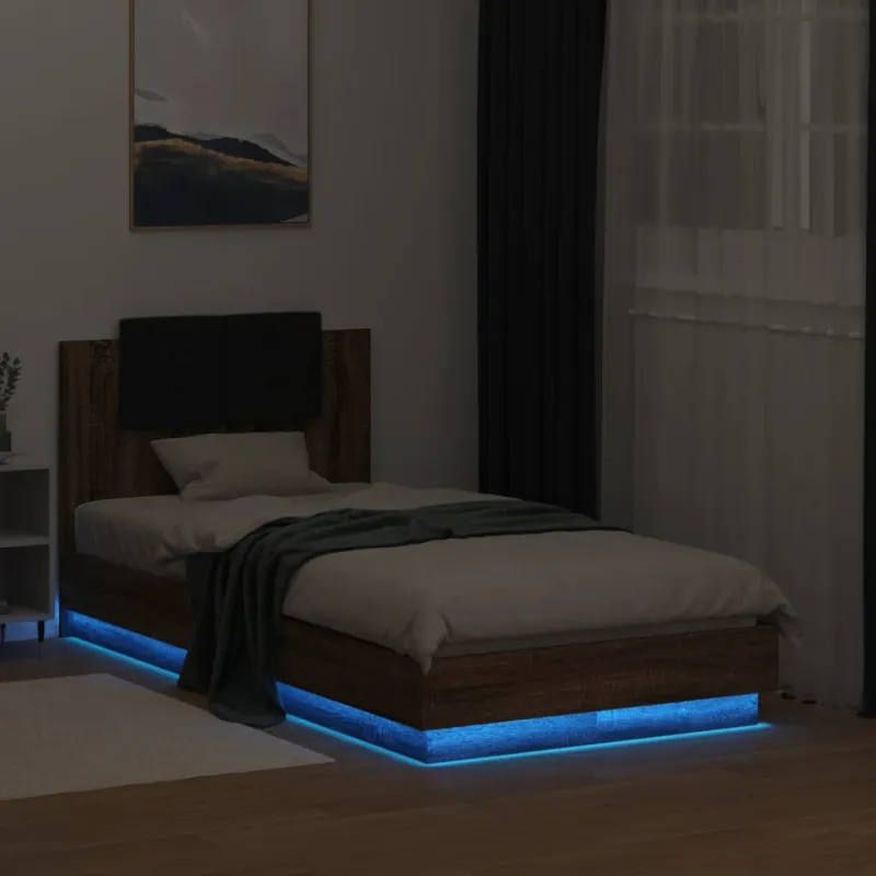 Lovos rėmas su galvūgaliu ir LED lemputėmis, rudas, 75x190cm