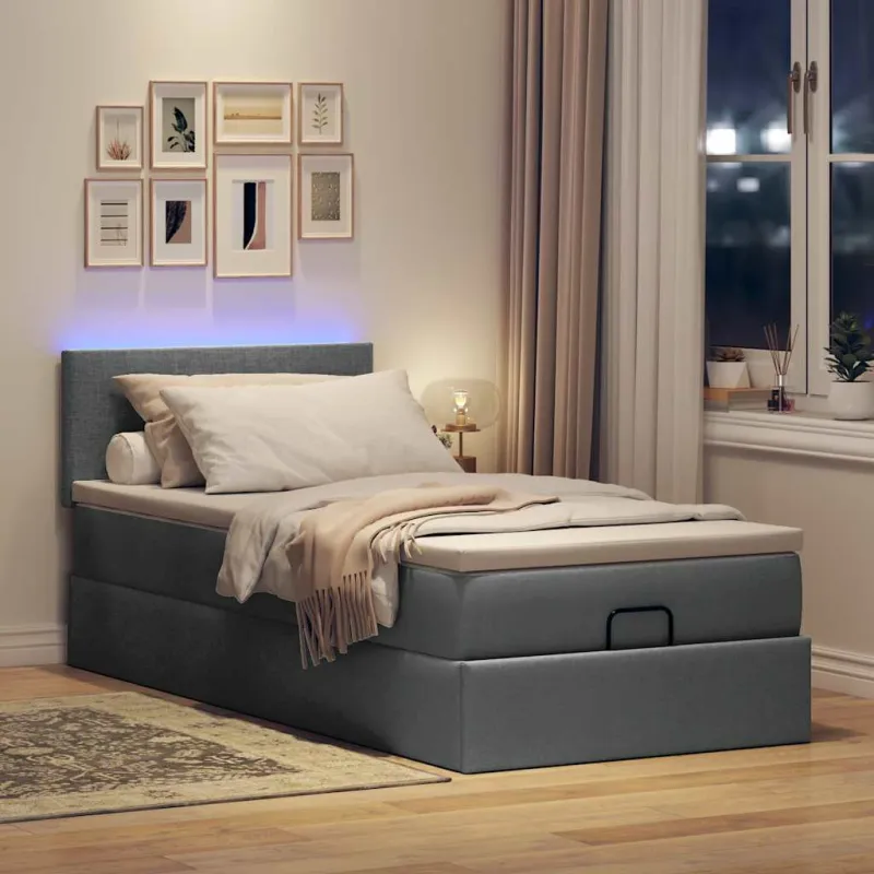 Osmanų lova su čiužiniu ir LED tamsiai pilkas 80x200cm audinys