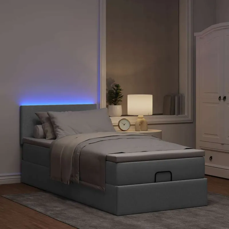 Osmanų lova su čiužiniu ir LED šviesiai pilkas 90x200cm audinys