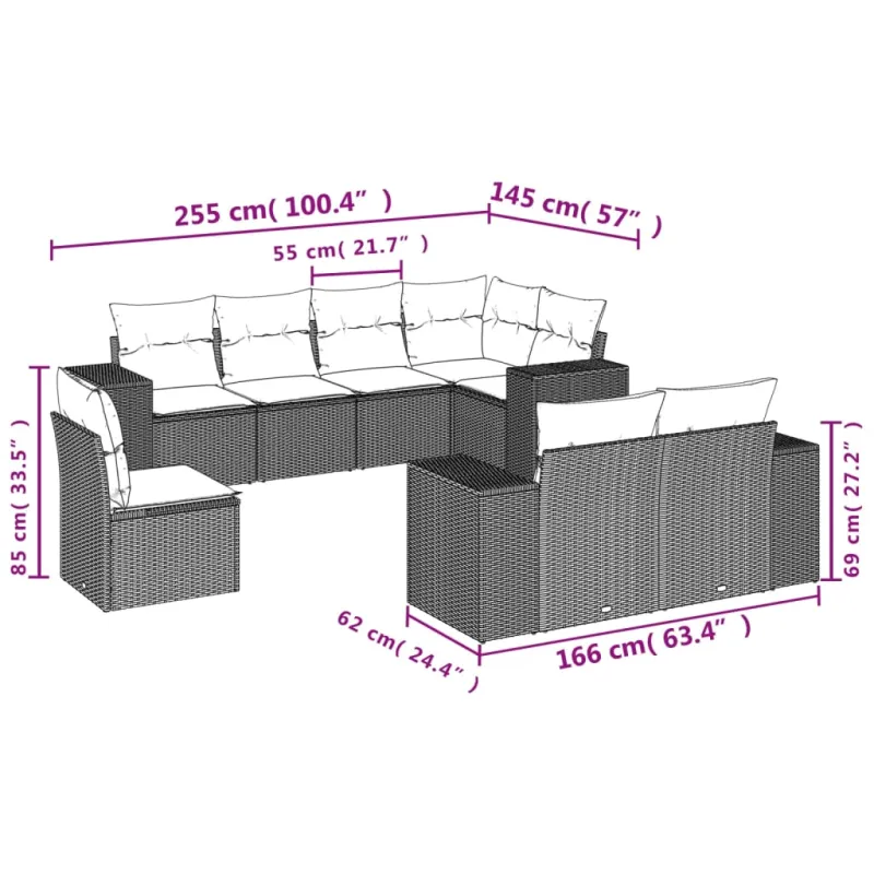 Sofoksen 8-os osainen setti tyynyine, musta, polyrattana