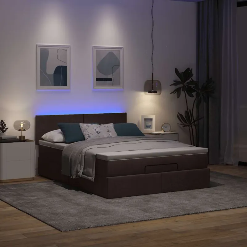 Osmanų lova su čiužiniu ir LED, rudas, 140x190cm, audinys
