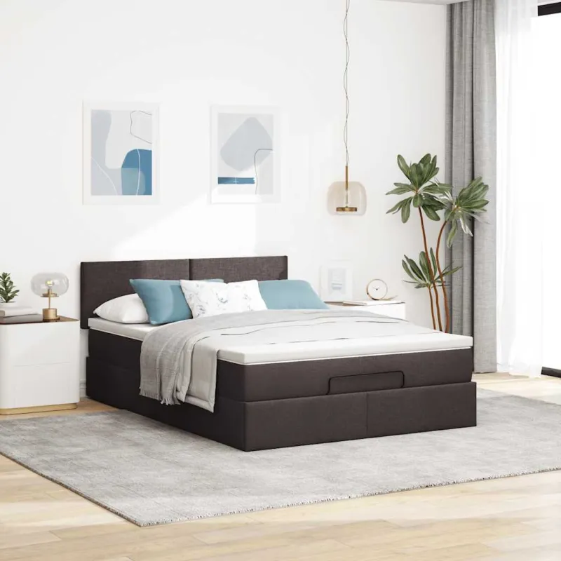 Osmanų lova su čiužiniu ir LED, rudas, 140x190cm, audinys