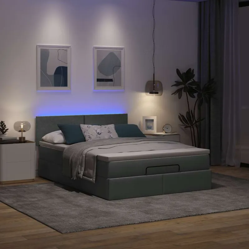Osmanų lova su čiužiniu ir LED, pilkas, 140x200cm, audinys