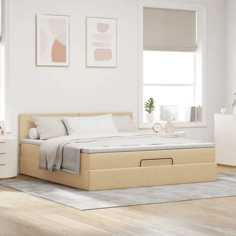Osmanų lova su čiužiniu ir LED kreminiu 180x200 cm audiniu