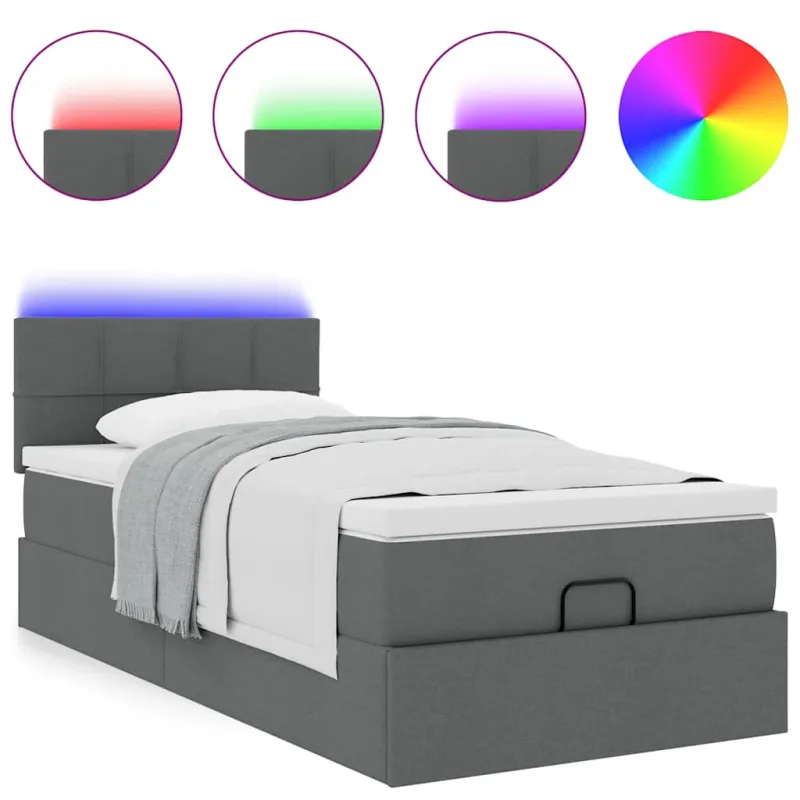 Osmanų lova su čiužiniu ir LED, tamsiai pilkas 90x200cm audinys