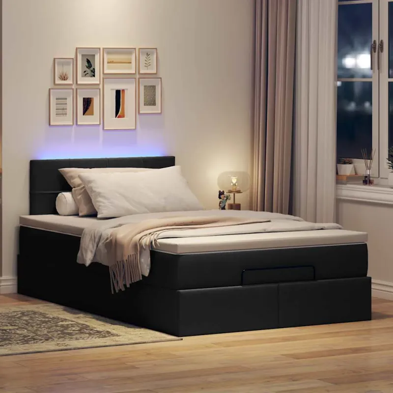 Osmanų lova su čiužiniu ir LED, juodas, 120x190cm, audinys