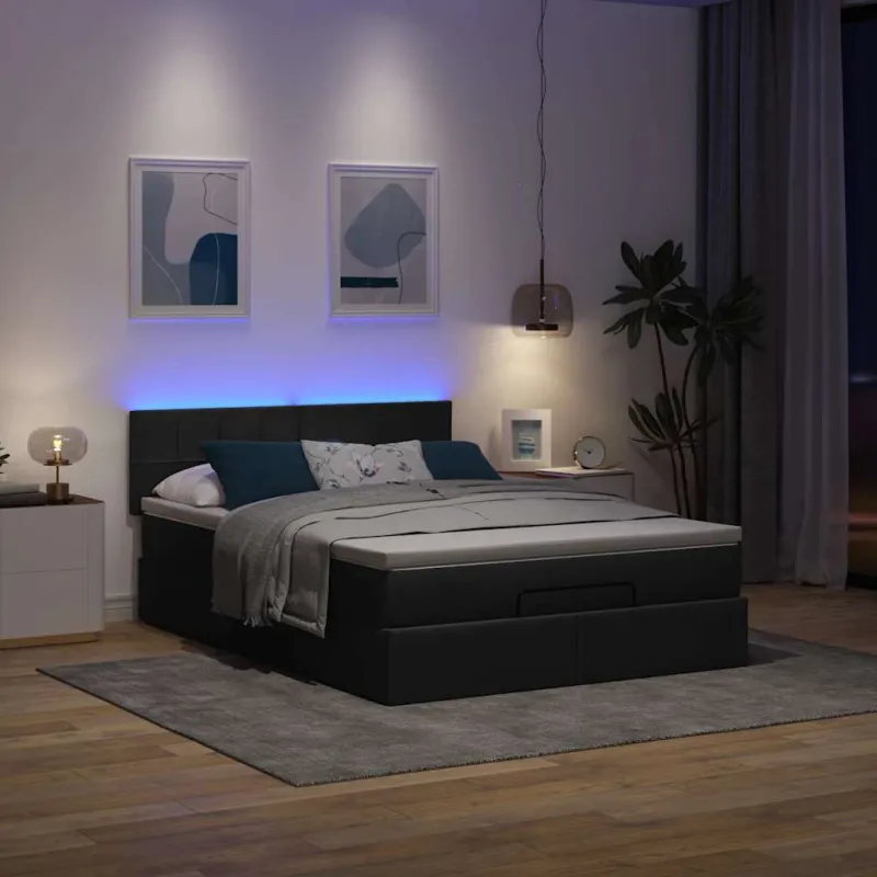 Osmanų lova su čiužiniu ir LED juodas 140x190cm audinys