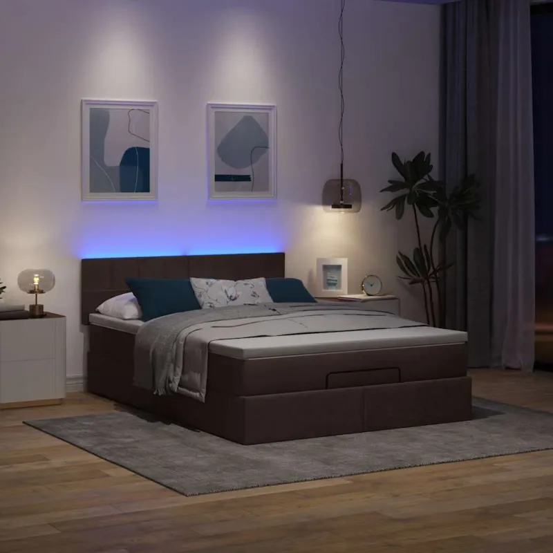 Osmanų lova su čiužiniu ir LED, rudas, 140x190cm, audinys