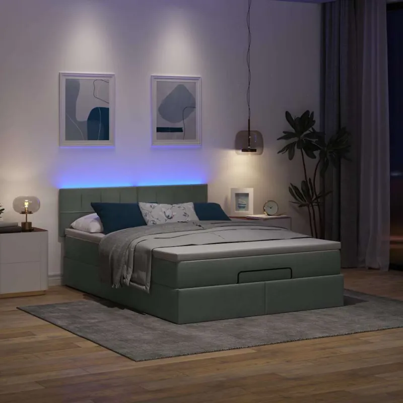 Osmanų lova su čiužiniu ir LED, pilkas, 140x200cm, audinys