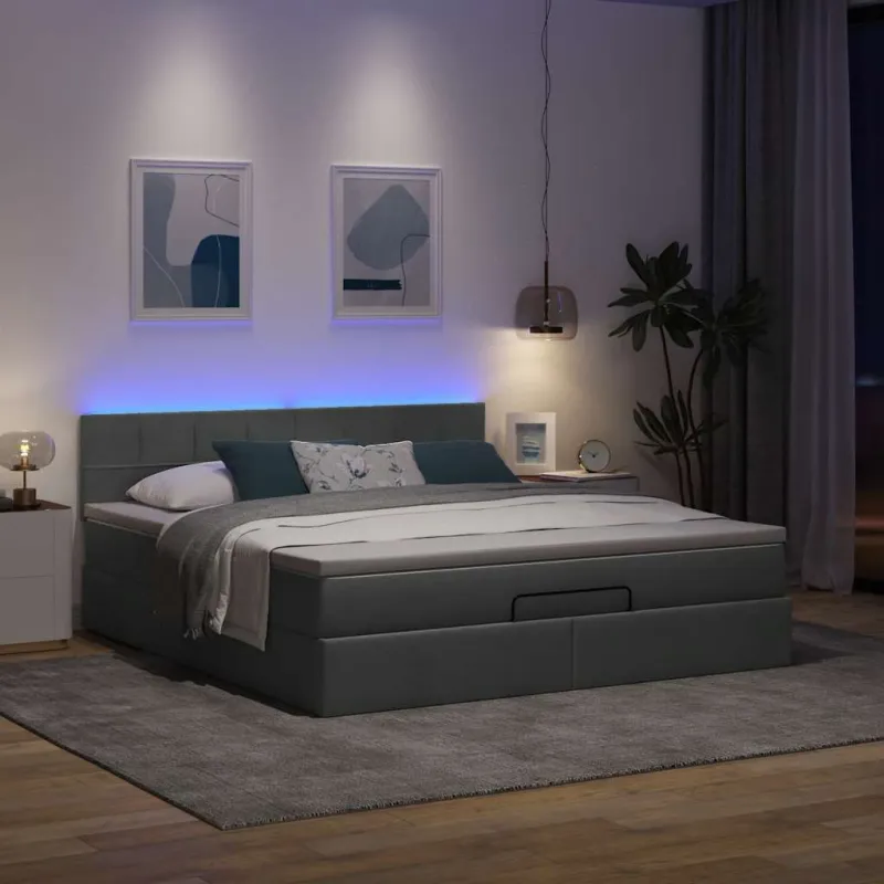 Osmanų lova su čiužiniu ir LED tamsiai pilkas 180x200cm audinys