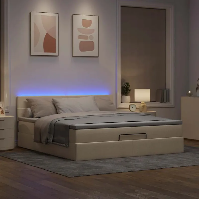 Osmanų lova su čiužiniu ir LED kreminiu 180x200 cm audiniu