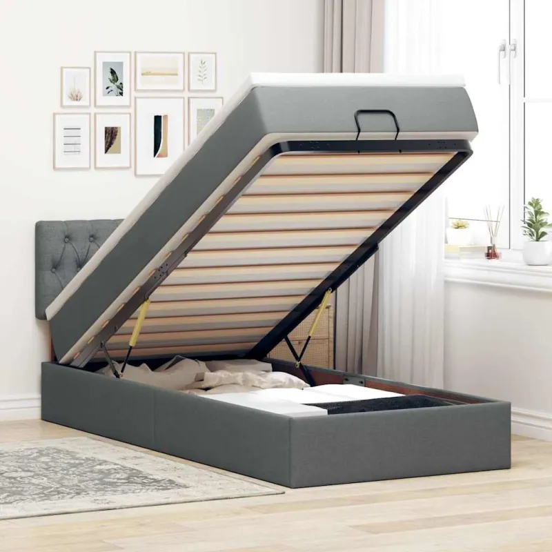Osmanų lova su čiužiniu ir LED, tamsiai pilkas 90x200cm audinys