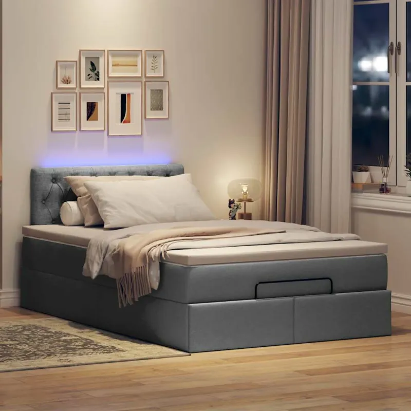 Osmanų lova su čiužiniu ir LED tamsiai pilkas 120x190cm audinys