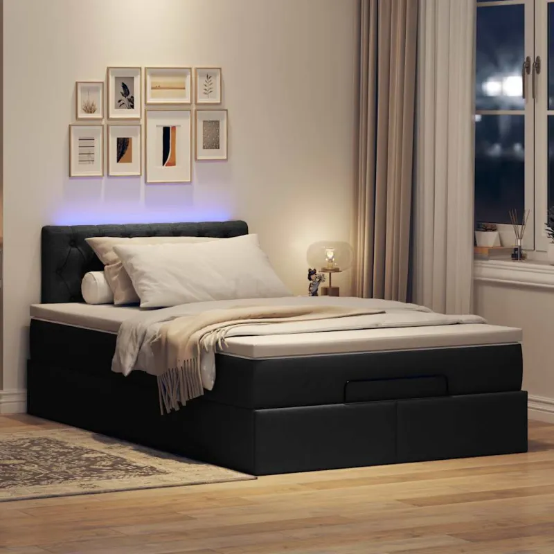 Osmanų lova su čiužiniu ir LED, juodas, 120x190cm, audinys