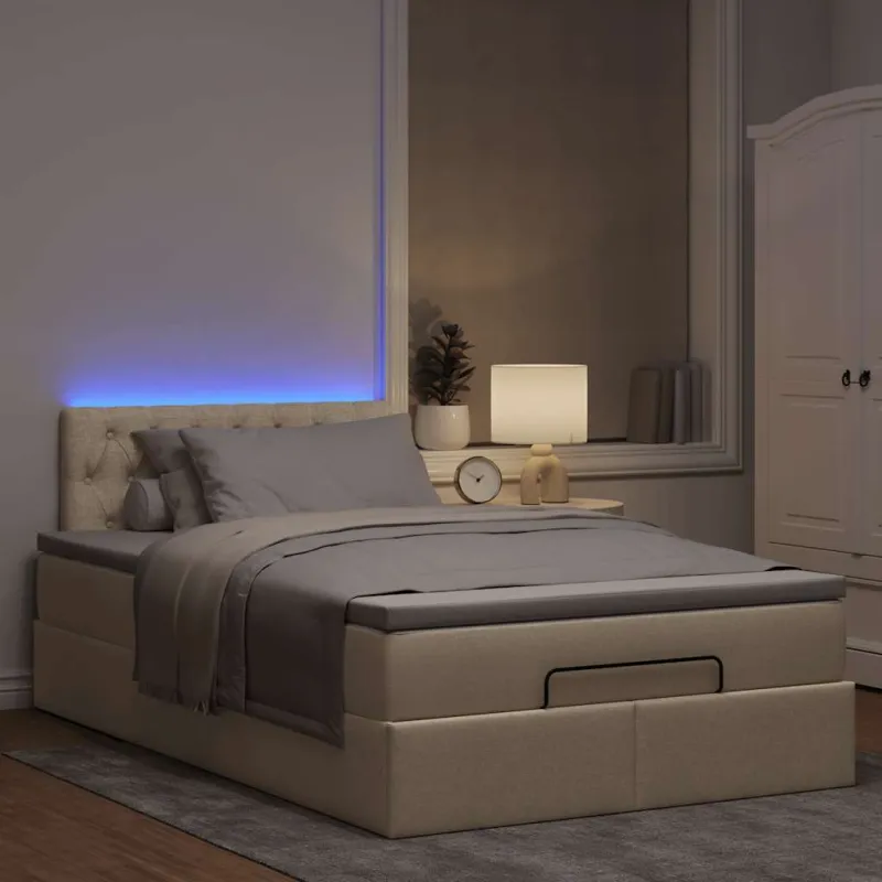 Osmanų lova su čiužiniu ir LED, kreminės sp., 120x190cm audinys