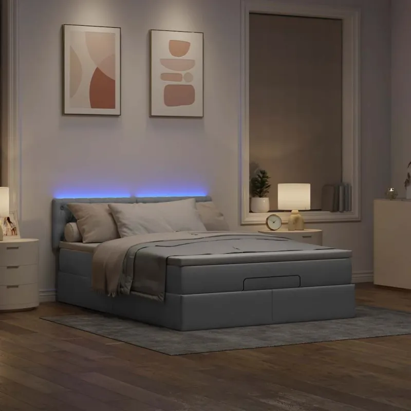 Osmanų lova su čiužiniu ir LED šviesiai pilka 140x190cm audinys