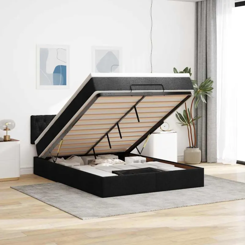 Osmanų lova su čiužiniu ir LED juodas 140x190cm audinys