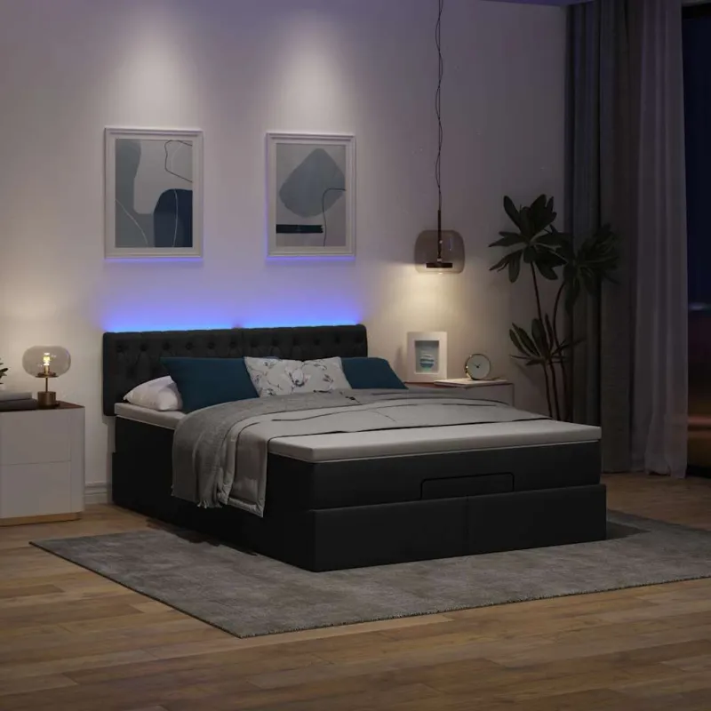 Osmanų lova su čiužiniu ir LED juodas 140x190cm audinys