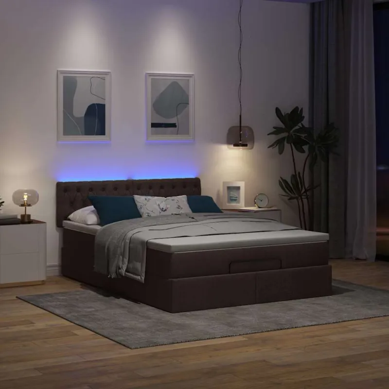 Osmanų lova su čiužiniu ir LED, rudas, 140x190cm, audinys