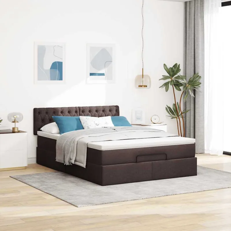 Osmanų lova su čiužiniu ir LED, rudas, 140x190cm, audinys