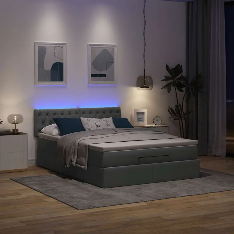 Osmanų lova su čiužiniu ir LED, pilkas, 140x200cm, audinys