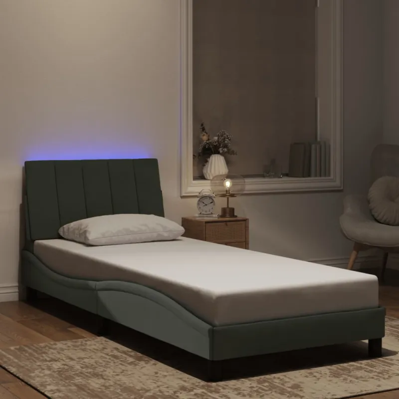 Lovos rėmas su LED be čiužinio, Hanko, šviesiai pilkas, 80x200cm, aksomas