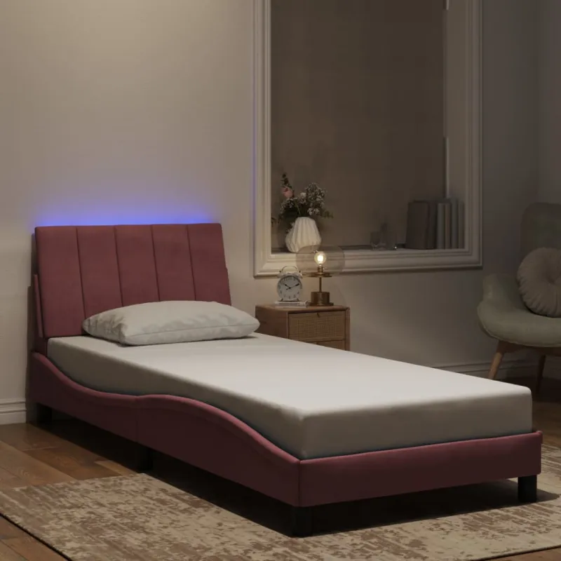 Lovos rėmas su LED be čiužinio, Hanko, rožinės spalvos, 80x200cm, aksomas