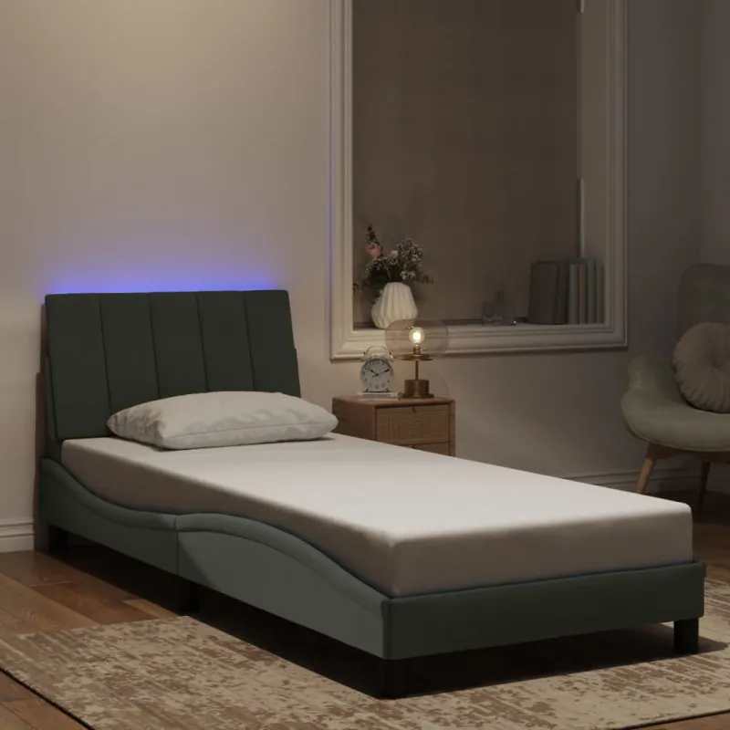 Lovos rėmas su LED be čiužinio, Hanko, šviesiai pilkas, 90x190cm, aksomas