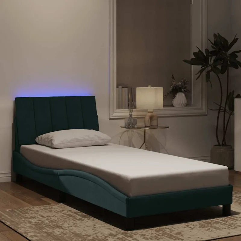 Lovos rėmas su LED be čiužinio, Hanko, tamsiai žalias, 90x190cm, aksomas