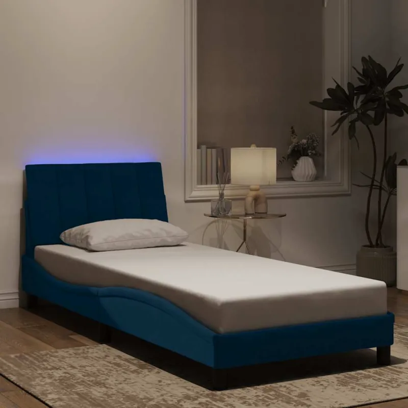 Lovos rėmas su LED be čiužinio, Hanko, mėlynos spalvos, 90x190cm, aksomas