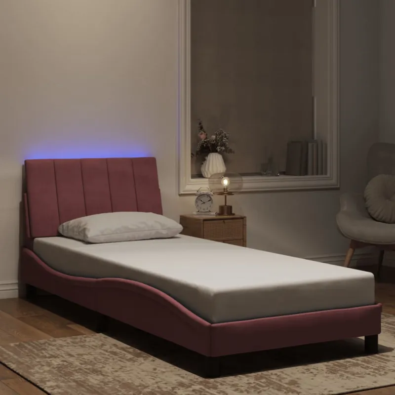 Lovos rėmas su LED be čiužinio, Hanko, rožinės spalvos, 90x190cm, aksomas