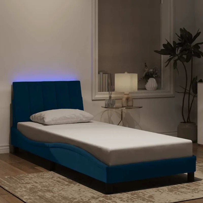 Lovos rėmas su LED be čiužinio, Hanko, mėlynos spalvos, 90x200cm, aksomas