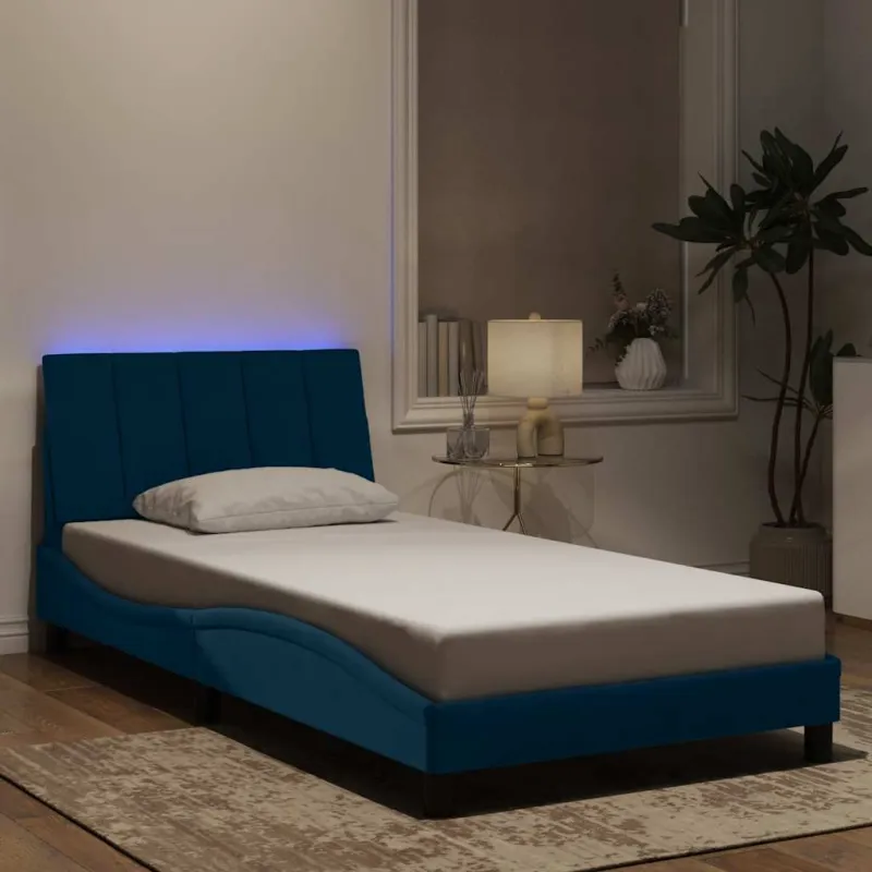 Lovos rėmas su LED be čiužinio, Hanko, mėlynos spalvos, 100x200cm, aksomas