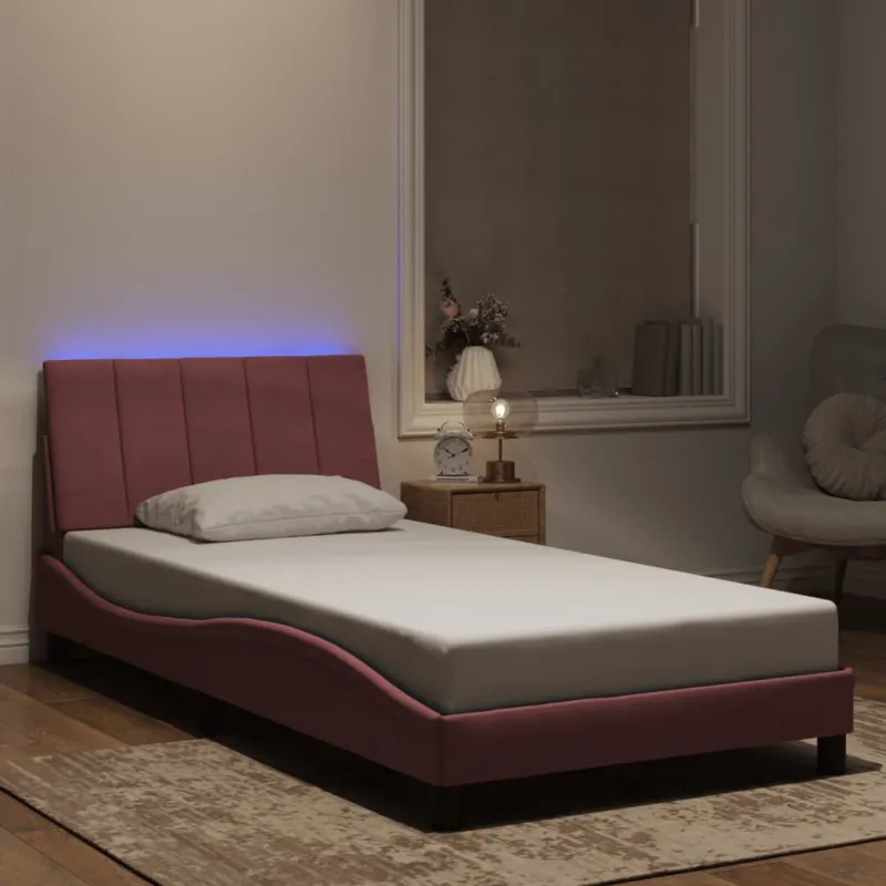 Lovos rėmas su LED be čiužinio, Hanko, rožinės spalvos, 100x200cm, aksomas