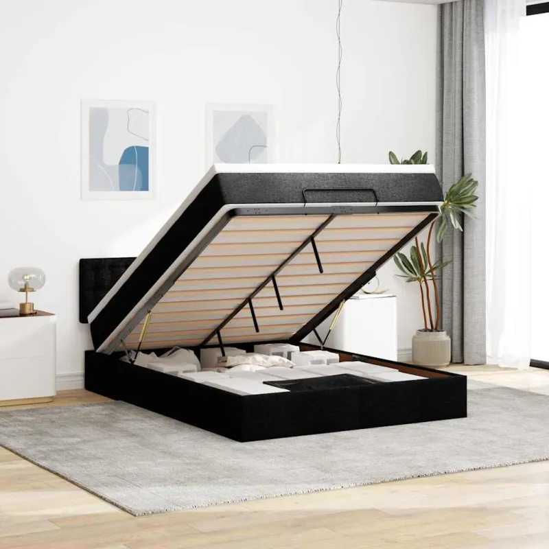 Osmanų lova su čiužiniu ir LED juodas 140x190cm audinys
