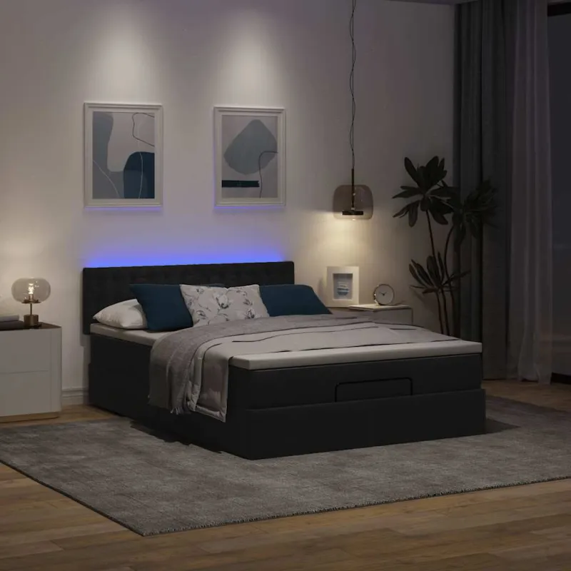 Osmanų lova su čiužiniu ir LED juodas 140x190cm audinys
