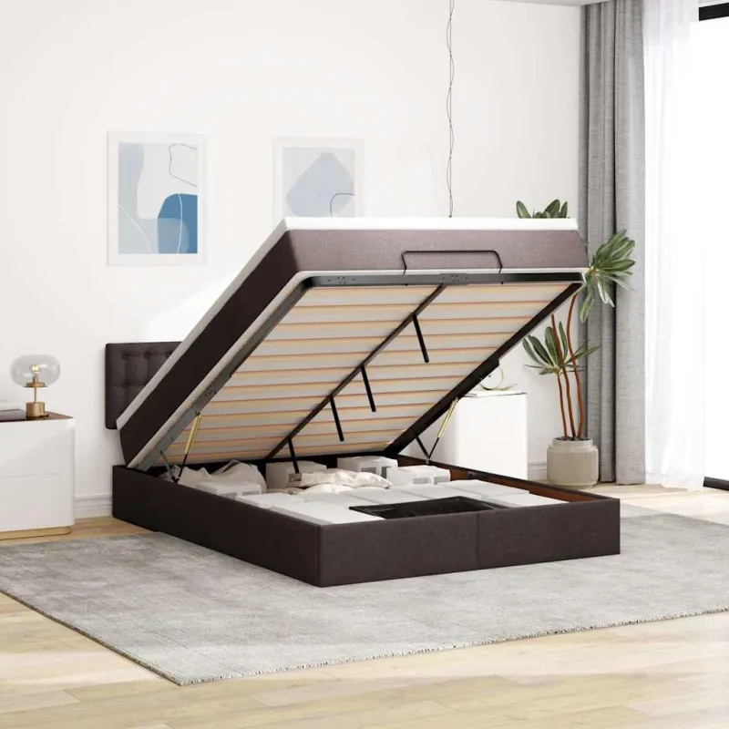Osmanų lova su čiužiniu ir LED, rudas, 140x190cm, audinys