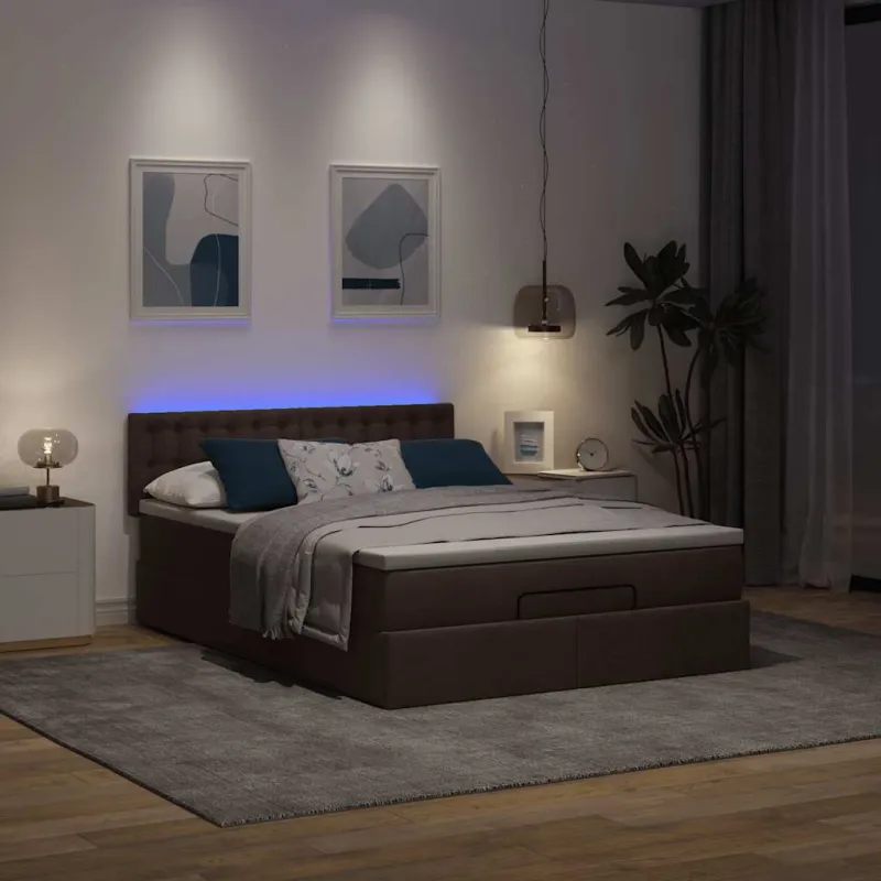 Osmanų lova su čiužiniu ir LED, rudas, 140x190cm, audinys