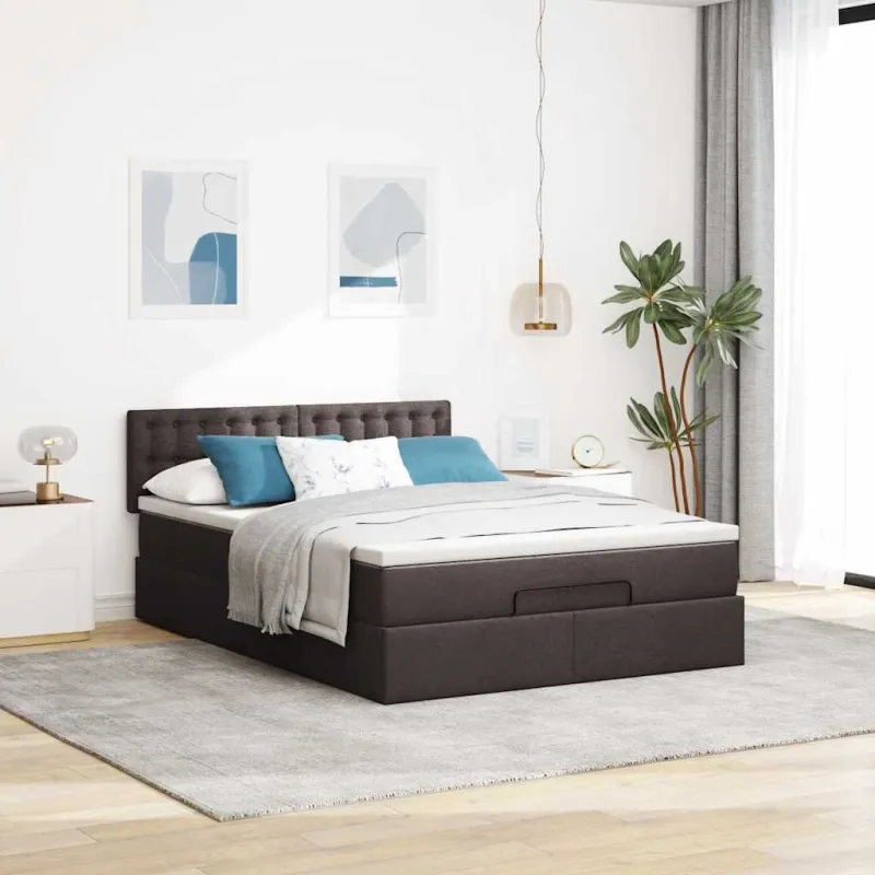 Osmanų lova su čiužiniu ir LED, rudas, 140x190cm, audinys