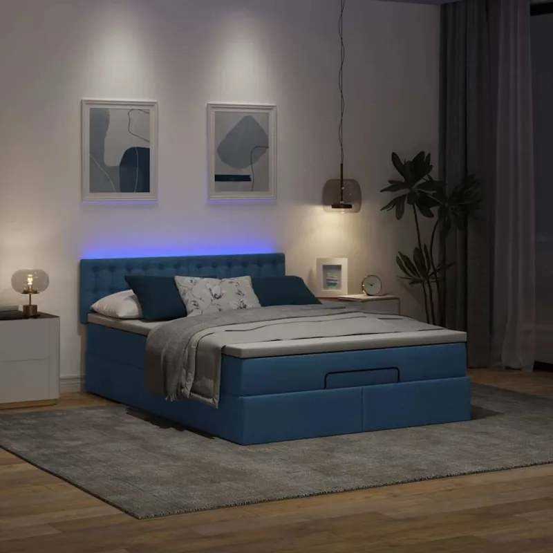 Osmanų lova su čiužiniu ir LED Mėlynas 140x190cm audinys
