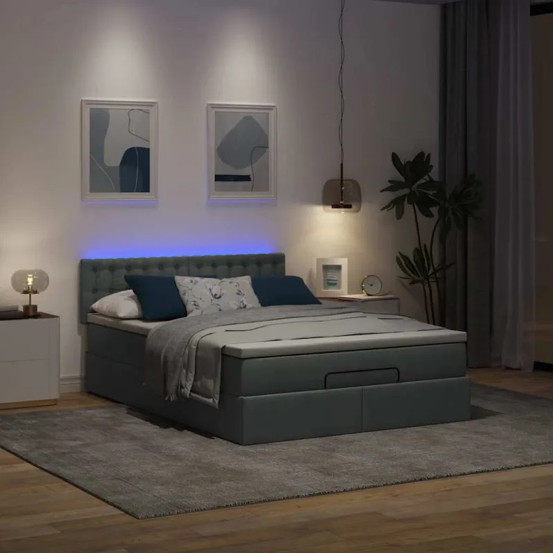Osmanų lova su čiužiniu ir LED, pilkas, 140x200cm, audinys