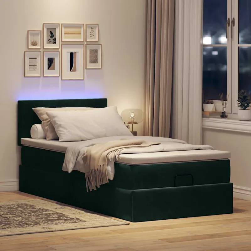 Osmanų lova su čiužiniu ir LED, tamsiai žalias 90x200cm aksomas