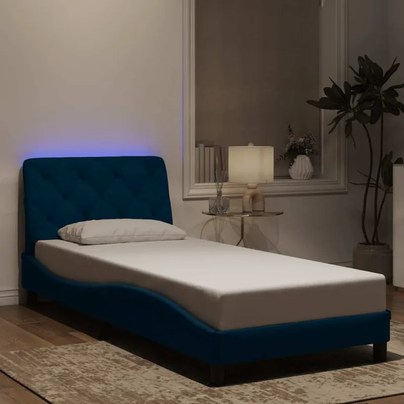 Lovos rėmas su LED be čiužinio, mėlynos spalvos, 90x190cm, aksomas