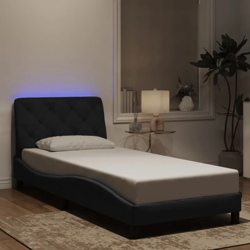 Lovos rėmas su LED be čiužinio, juodos spalvos, 90x200cm, aksomas