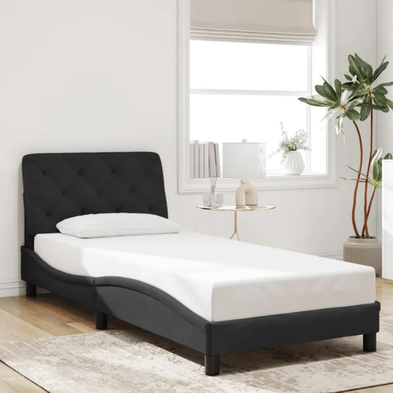 Lovos rėmas su LED be čiužinio, juodos spalvos, 90x200cm, aksomas