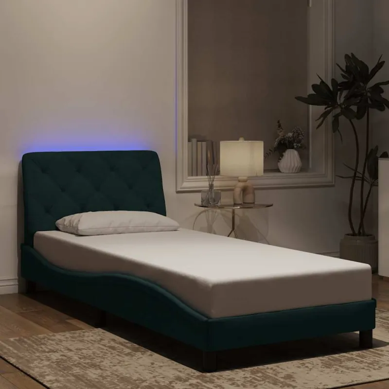Lovos rėmas su LED be čiužinio, tamsiai žalias, 90x200cm, aksomas